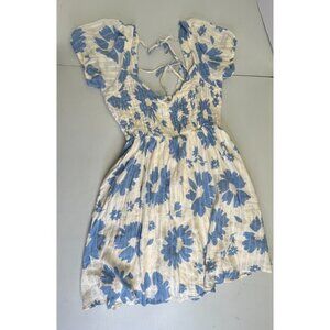 American Eagle Puff Sleeve Smocked Open Back White Blue Floral Mini Dress Size S